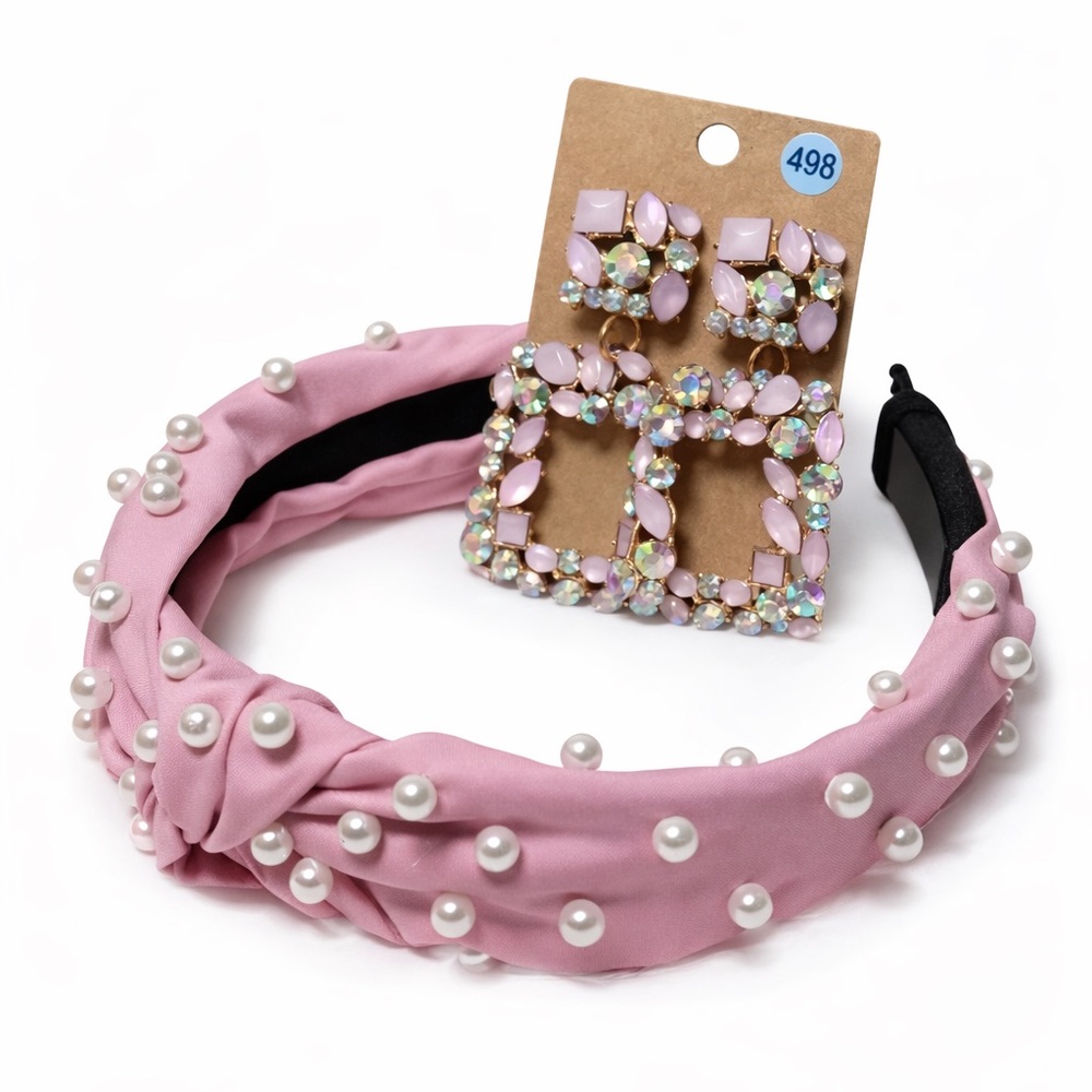 Pink Pearl Embellished Headband and Earring Set